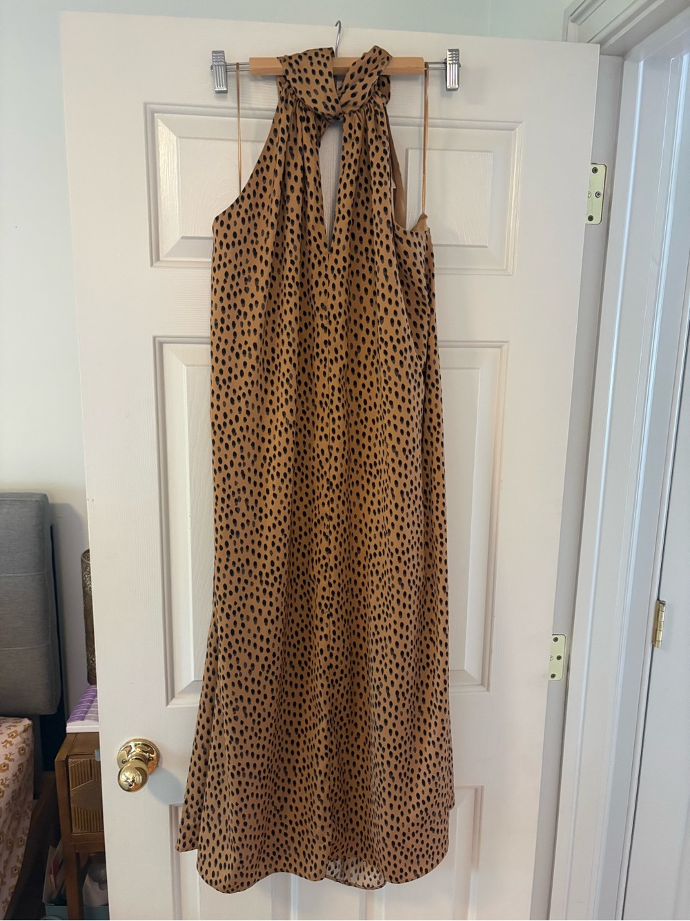 Banana Republic Factory Satin Sleeveless Halter Midi Dress in Leopard Brown - Picture 2 of 4